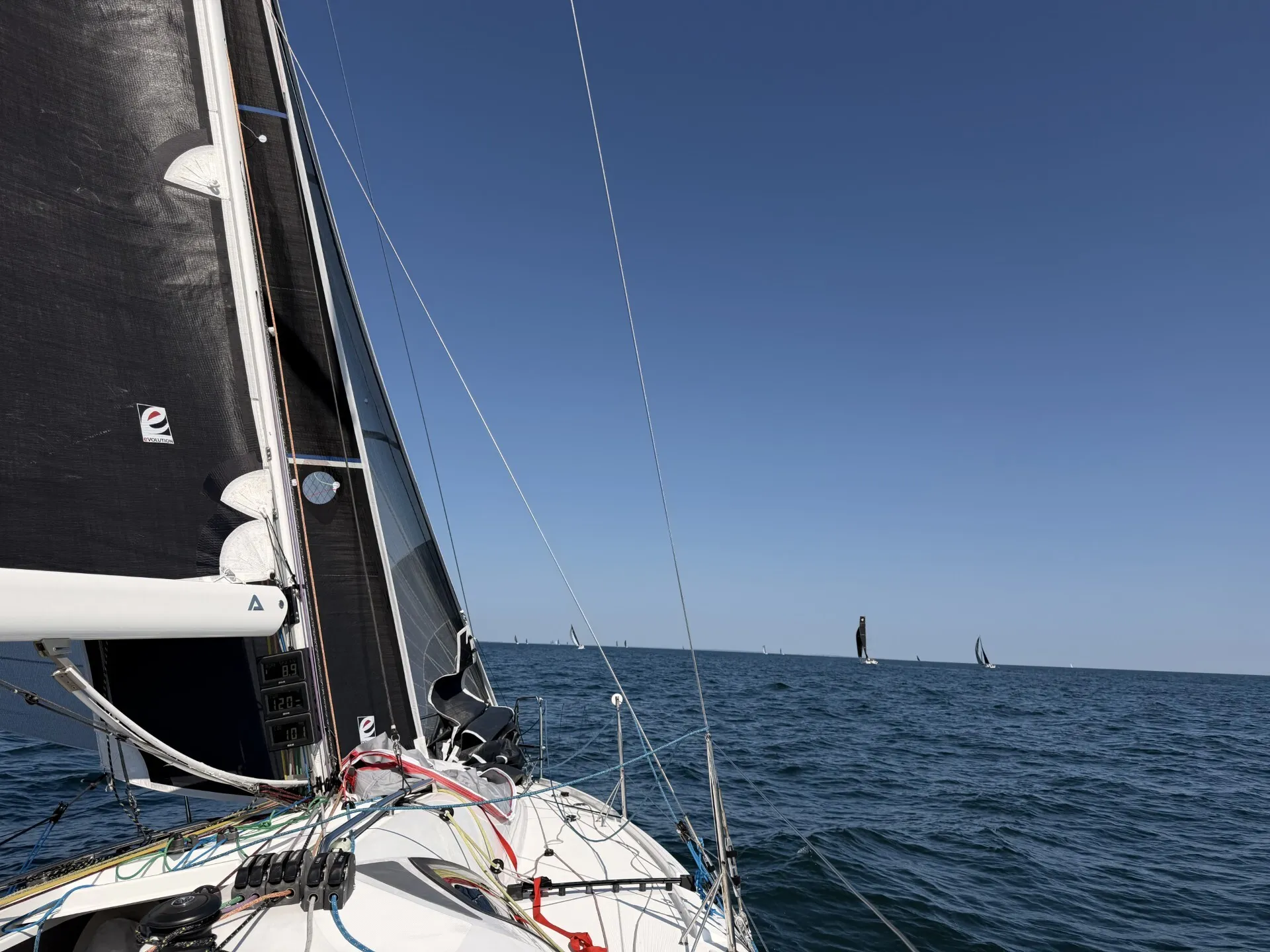 Reaching towards Buzzards Bay Light Tower with Code 0 and staysail