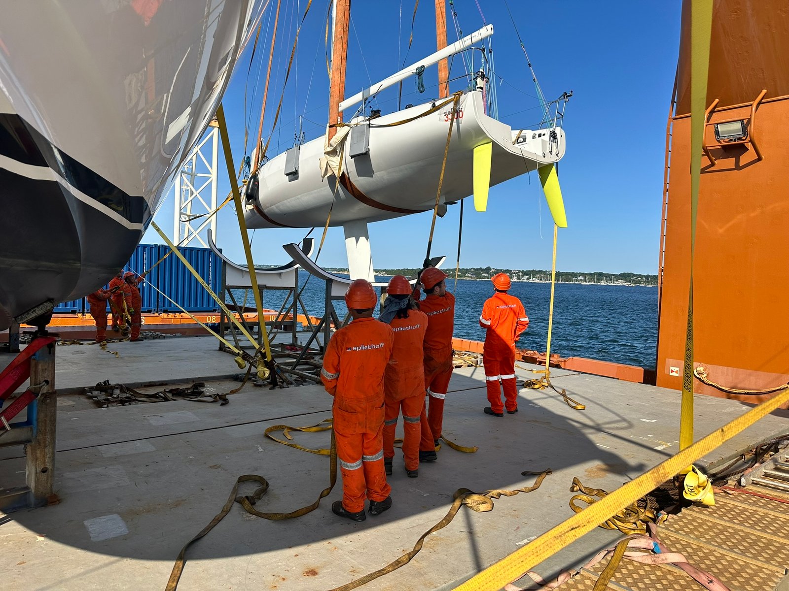 Swinging clear of the cargo ship