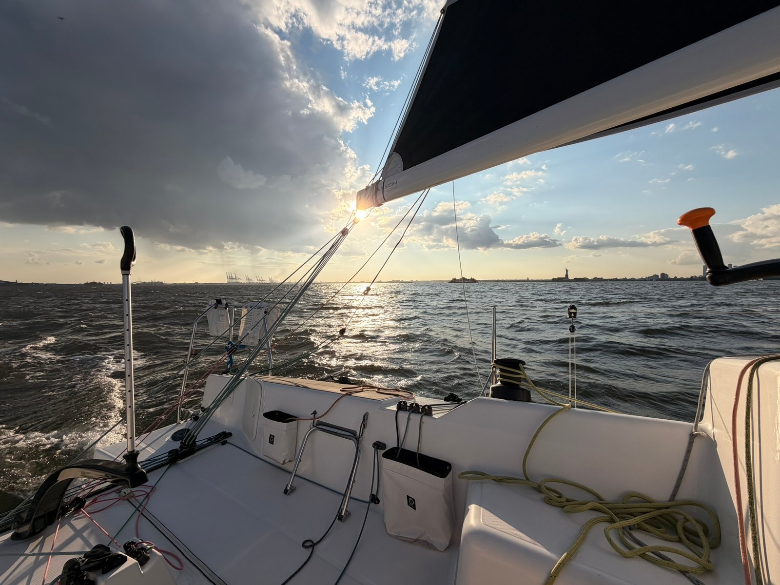 Cockpit view — Liberty and the port cranes off the stern quarter