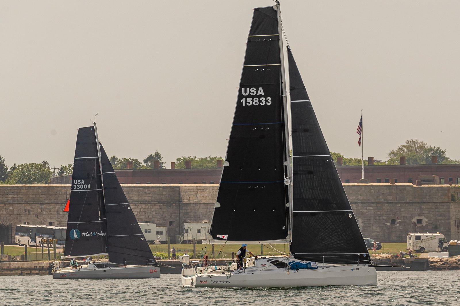 Stratos passing Fort Adams — leaving Newport Harbor